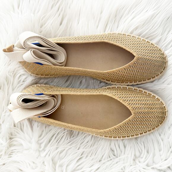 ROTHY'S | The Espadrille Gold Stripe Ballet Ankle Lace Wrap Tie Ivory | Size 9 - Picture 4 of 9